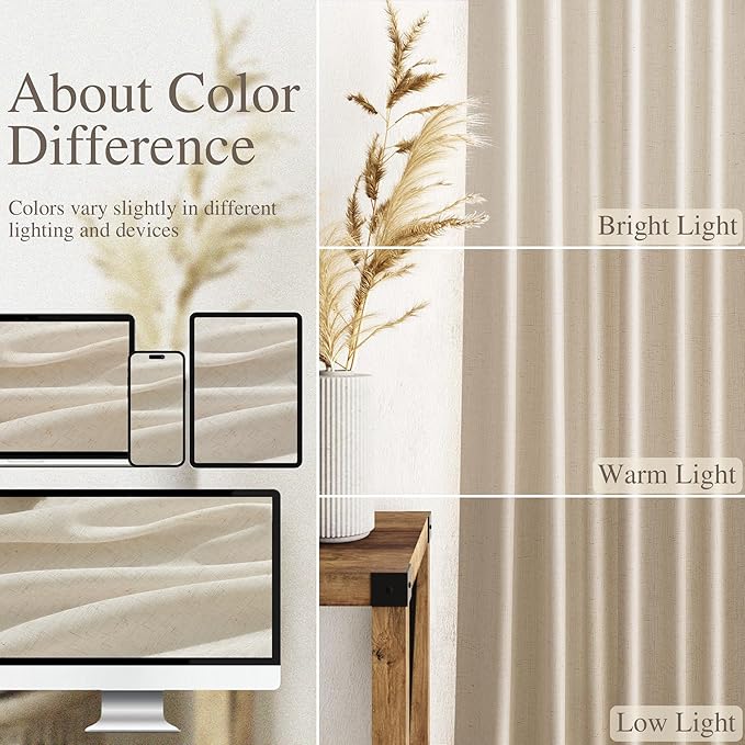 Birch Beige Linen Curtains for Living Room 105 Inches Long Light Filtering Semi Sheer Curtain Back Tab Modern Farmhouse Decor Elegant Luxury Coastal Drapes for Bedroom Dinner Room 52x105, 2 Panels