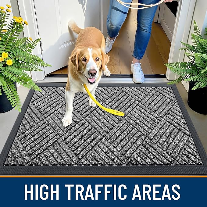 OLANLY Front Door Mat Outside Entrance 33x21, Absorbent, Heavy Duty Sturdy Natural Rubber Doormat Indoor Outdoor, Stain and Fade Resistant, Non-Slip Low Profile Floor Mat for Entryway, Grey Diamond