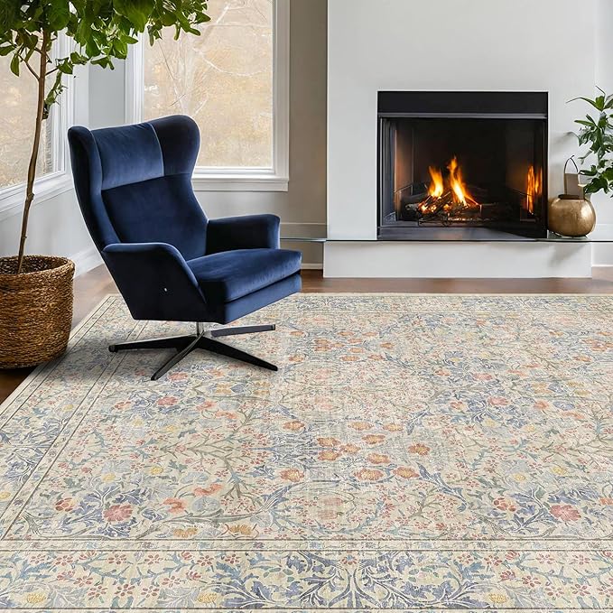 7x10 Washable Rug for Living Room - Stain Resistant Dining Room Rugs for Under Table, Soft Low Pile Large Carpet for Bedroom - Vintage Floral Non-Slip (Beige Blue)