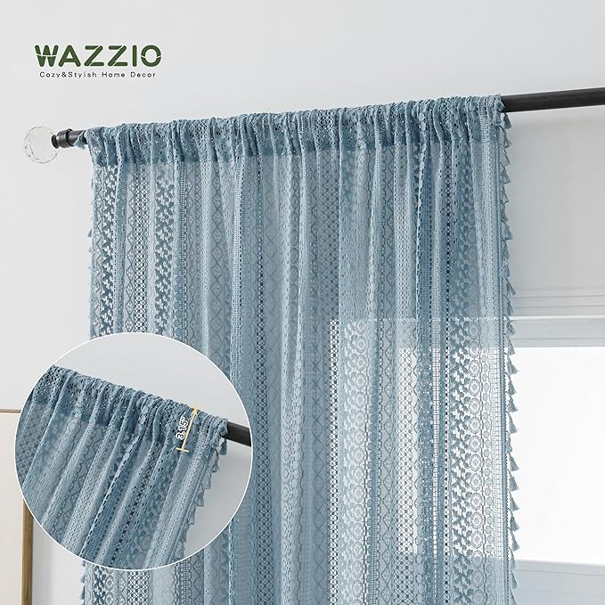 WAZZIO Boho Lace Curtains 84 Inches 2 Panel,Light Filtering Privacy Tassel & Geometry Crochet Semi Sheer Curtain Drapes for Bedroom Living Dining Room,Rod Pocket & Tassel,Light Slate Blue