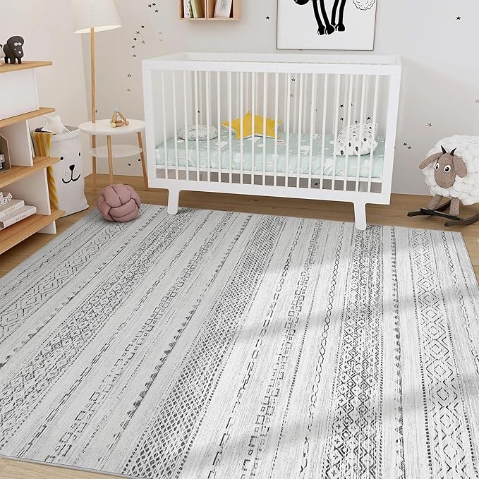 Nakagishi 5x8 Area Rugs Living Room: Washable Boho Large Neutral Soft Farmhouse Rug Stain Resistant Modern Indoor Floor Non-Slip Carpet for Bedroom Nursery Kids Playroom Office Dining Room Dorm- Grey