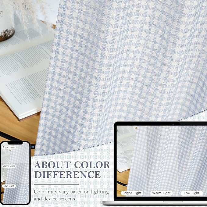 RYB HOME Checkered Cafe Curtains 24 inch Length, Linen Gingham Small Window Treatment Vintage Farmhouse Plaid Curtains Valance for Kitchen Living Room Bathroom, Blue, W26 x L24, 2 Panels