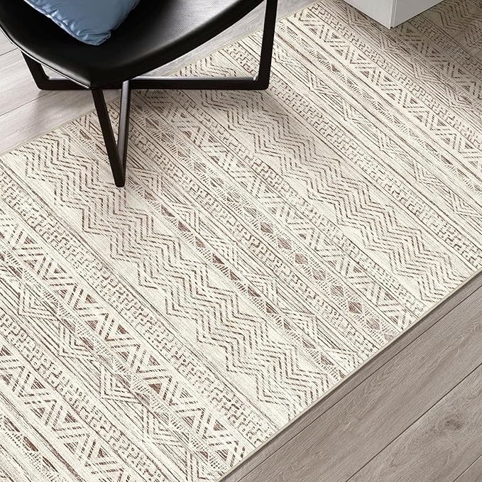 4x10 Washable Hallway Runner Rug：Moroccan Non-Slip Wide Runners for Entryway Kitchen Soft Modern Geometric Low-Pile Rugs for Living Room Thin Waterproof Carpet for Bedroom Bathroom Laundry(Beige,4x10)
