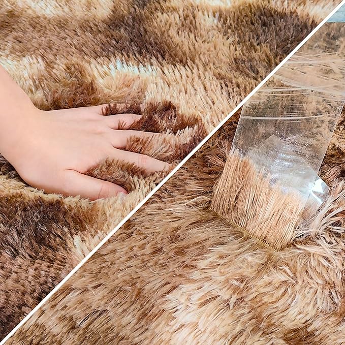 Super Soft Fluffy Living Room Area Rug 2x10 ft Tie-Dyed Brown Shaggy Furry Carpet Washable Non-Slip Floor Rugs Bedroom Bedside Nursery Rug Fuzzy Girls Boy Dorm Home Decor Aesthetic