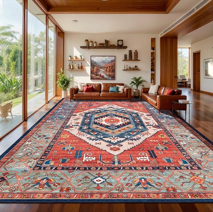 SERISSA Washable Rugs 9x12 Area Rugs, Large Non-Slip Boho Living Room Rust Rug, Ultra Soft Vintage Print Distressed Oriental Tribal Farmhouse Carpet for Dining Room Bedroom Dorm Office Home Decor