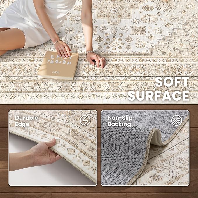 zesthome 7x9 Area Rug, Super Soft Washable Rugs for Living Room, Non-Slip Stain Resistant Vintage Rugs, Ultra-Thin Large Area Rugs (Cream/Beige,7'x9')