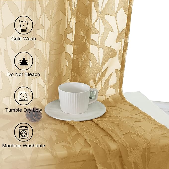 Lecloud Leia Dark Gold Sheer Curtains 63 Inch Length 2 Panels, Light Filtering Jacquard Leaf Textured Voile Window Curtains with Dual Rod Pockets, Living Room Bedroom Window Drapes, 40 W x 63 L