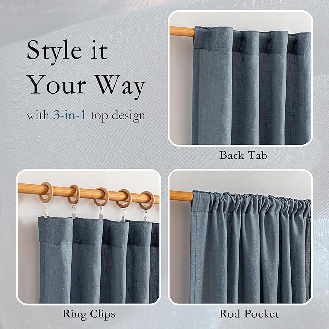 MYSKY HOME Curtains for Living Room 84 Inches Long Semi Sheer Light Filtering Privacy Drapes Linen Look Textured Boho Home Decor, Backdrop Curtain for Parties, 100" x 84", Dusty Blue, 1 Panel