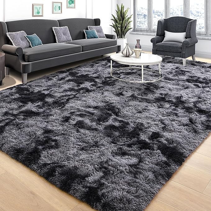 Tepook Fluffy Large Rugs for Living Room, 8x10 Area Rugs for Bedroom, Modern Shag Rug Fuzzy Carpets for Kids Boys Girls, Plush Indoor Nursery Home Decor Rug with Non-Slip Bottom, Tie-dye Dark Grey