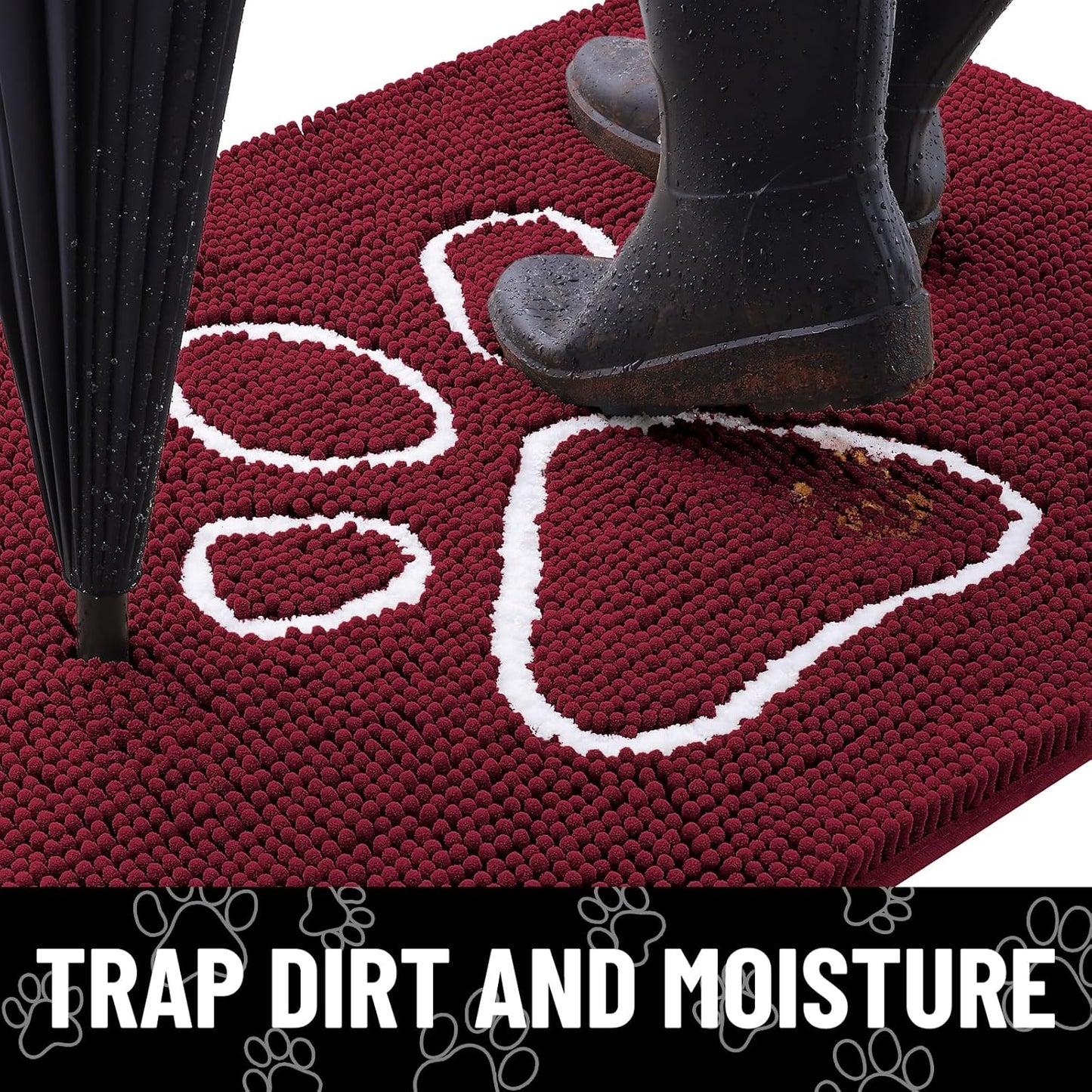Smiry Dog Door Mat for Muddy Paws, Absorbent Dirt Trapper Non Slip Quick Dry Washable Chenille Mat for Mud Dogs, Entry Rug for Indoor and Outdoor (48x30 Inches, Burgundy)