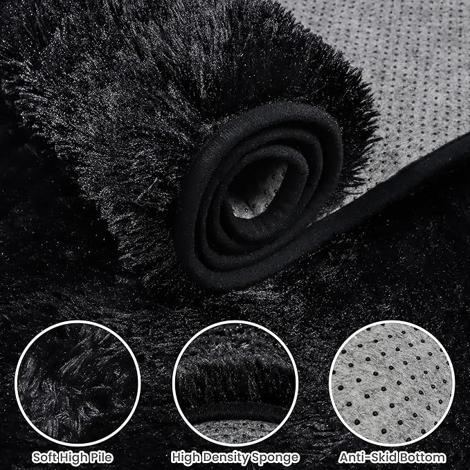 2x6 Bedside Area Rugs for Bedroom: Soft Fluffy Shag Black Rug for Hallway, Non-Slip Fuzzy Plush Living Room Rug Indoor Floor Carpet for Kids Rooms, Dorm, Nursery, Modern Home Aesthetic Decor