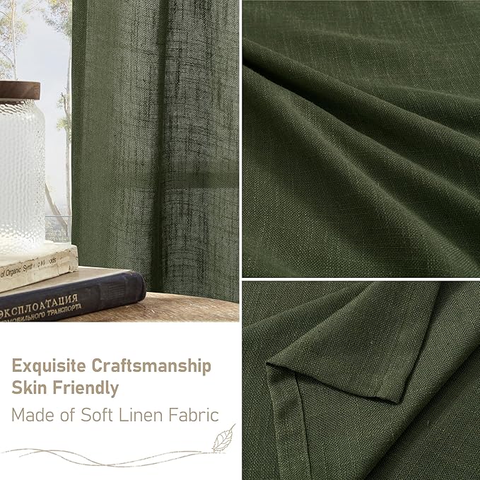 LAMIT Olive Green Linen Semi Sheer Curtains 45 Inch for Bedroom, Light Filtering Neutral Window Curtains Boho Bronze Grommet Christmas Decor Panels, 2 Panels, 52 x 45 Inch