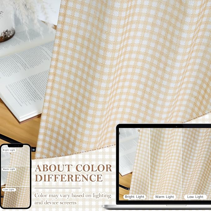 RYB HOME Kithen Curtains Rustic Plaid Cafe Tier, Classic Short Checkered Drapes 36 inch Length Small Window Treatment Valance for Living Room Bathroom Bistro Farmhouse, Yellow, W26 x L36, 2 Panels