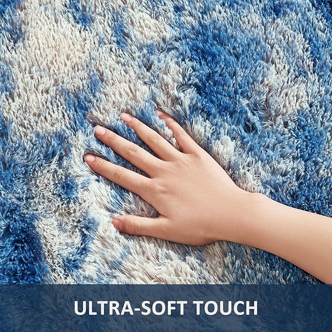 Ophanie Blue White and Grey Area Rugs for Living Room 8x10, Fluffy Shag Large Fuzzy Plush Soft Carpets, Floor Shaggy Rugs for Bedroom, Carpet for Kids Boys Girls Dorm Nursery Home Decor Aesthetic