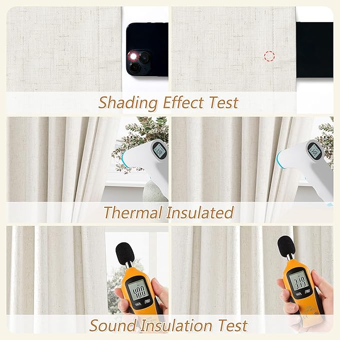 Cream 100% Blackout Linen Curtains 100 Inch Length 2 Panels Set for Living Room Bedroom Back Tab Thermal Insulated Black Out Drapes Room Darkening Farmhouse Style for Bedroom Window Curtains 52x100