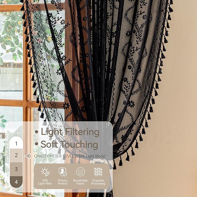 WAZZIO Boho Lace Curtains 84 Inch -Vintage Victorian Sheer Panel Drape Floral Pattern & Tassel Light Filtering Privacy for Bedroom Dining Living Room,Black Gothic Halloween Decor,2 Panels,W52 x 84L