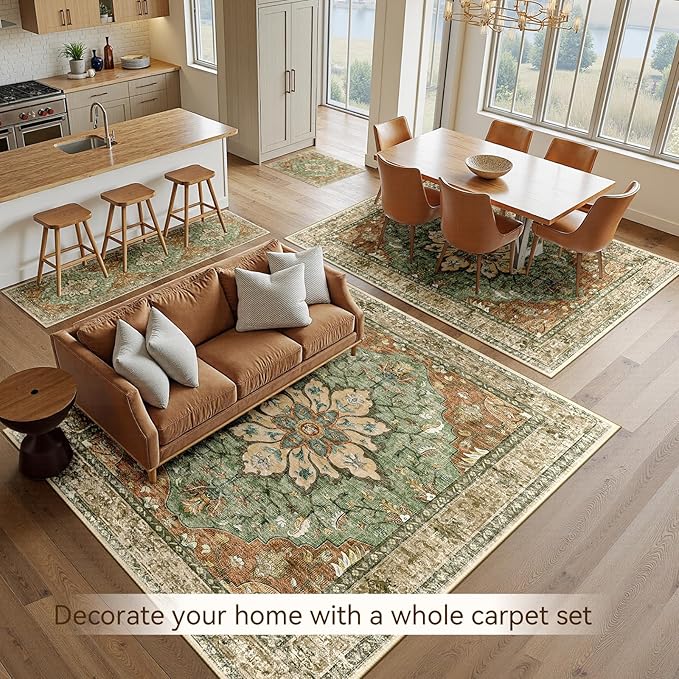 Area Rugs 9'x12' Washable Non-Slip, Floral Vintage Distress Print Pattern Medallion Carpet for Living Room Bedroom Dining Room, Brick Red Rust Neutral Brown Burnt Orange Green
