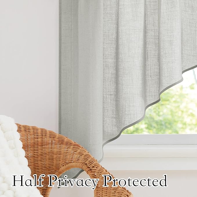 RYB HOME Linen Textured Wave Pattern Sheer Valance Curtains, Contemporary Semi Voile Tier and Swag Set for Kitchen Cafe Bedroom, Dove Grey, 36 x 36 inches Long, 1 Pair