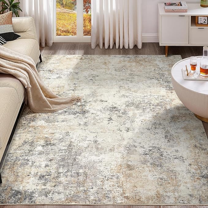 UERMEI 5x7 Area Rug Living Room Rugs - Washable Neutral Modern Abstract Soft Thin Large Rug Indoor Floor No Slip Rug Carpet for Bedroom Under Dining Table Home Office Decor - Golden Grey