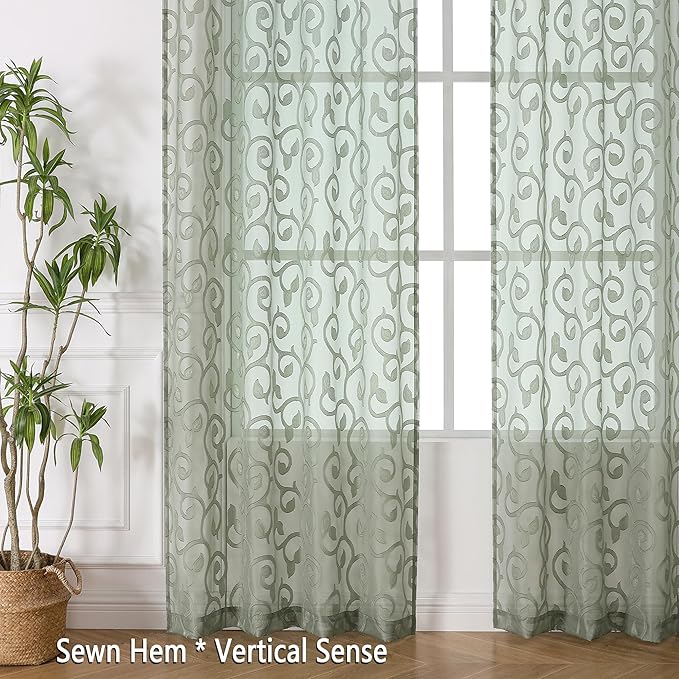 OWENIE Sage Green Sheer Curtains 63 inch Length for Bedroom Living Room 2 Panels Set, Jacquard Clip Textured Semi Sheer Curtains, Light Filtering Rod Pocket Farmhouse Window Treatments, 40Wx63L inch