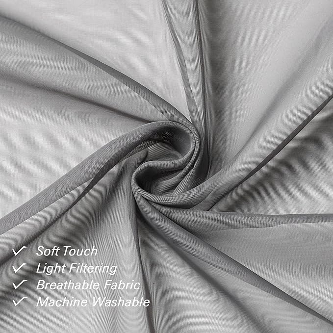 Lecloud Grey Sheer Curtains 63 Inch Long 2 Panels, Elegant Voile Drapes for Dinning Small Windows, Light Filtering Voile Curtain for Living Room Bedroom Bathroom, Dual Rod Pocket, 40" Wx63 L