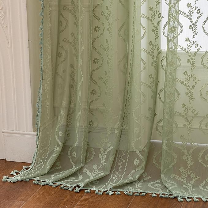 WAZZIO Boho Lace Curtains 2 Panels 84 Inch -Vintage Victorian Sheer Panel Drape French Country Floral Pattern & Tassel Light Filtering Privacy for Bedroom Dining Living Room,Light Sage Green,W52x L84