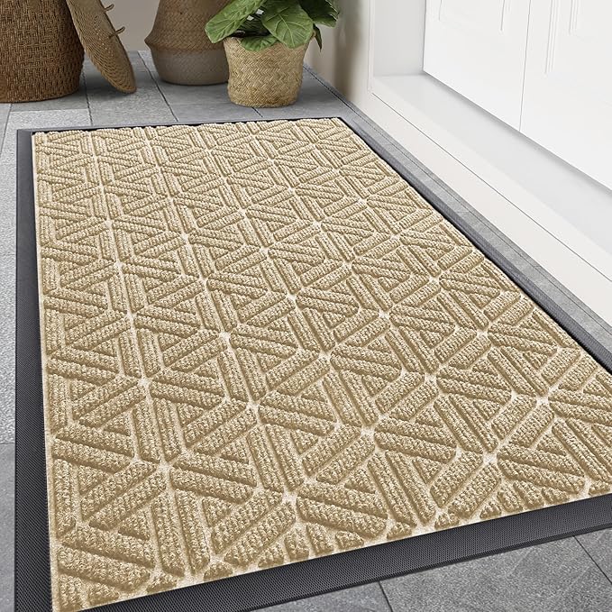 Smiry Front Door Mat Outside Entrance, Heavy Duty Sturdy Natural Rubber Doormat, Trap Dirt and Moisture, Easy Clean Low Profile Mats for Indoor Outdoor Entry, Grid Geometric (47x32, Beige)