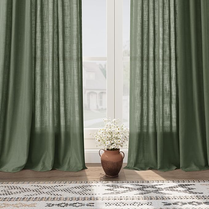 Olive Green Linen Curtains 60 Inch Length 2 Panel Set Back Tab Rod Pocket Semi Sheer Light Filtering Short Curtain Farmhosue Country Style Bay Window for Living Room Bedroom 52x60