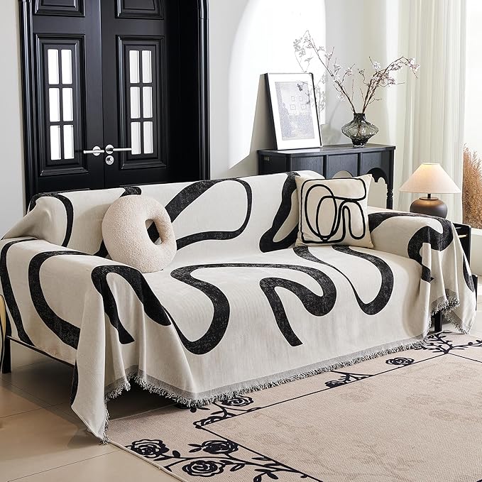 MYSKY HOME Boho Couch Cover Super Soft Couch Covers for 2-3 Cushion Couch Sofa, Modern Black Jacquard Sofa Slipcover Loveseat Futon Cover, Couch Covers for Sectional Sofa, 71" x 118", Black Curve