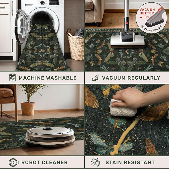 Dark Green 3x10 Extra Long Runner Rugs for Hallways - Boho Kitchen Rug Non Slip, Wide Indoor Floor Mats for Entryway, Insect & Floral Design Low Pile Stain Resistant Carpet
