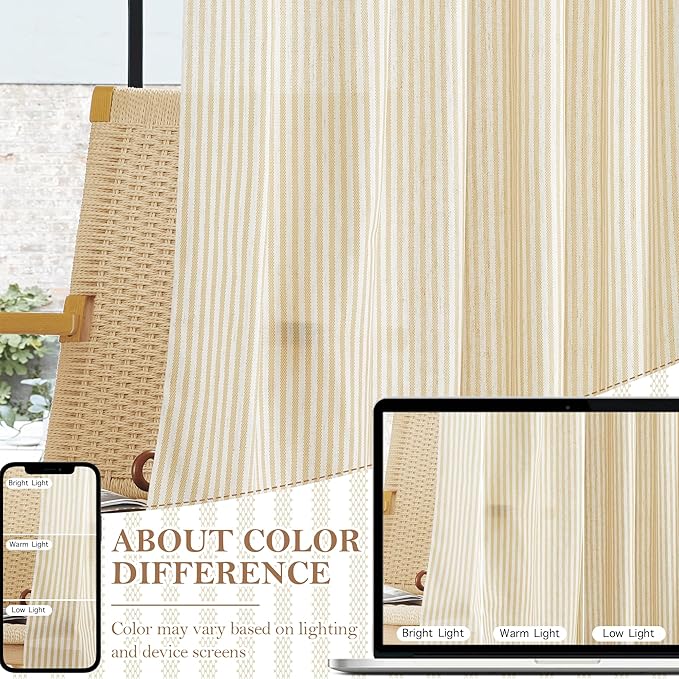 RYB HOME Kitchen Striped Curtains for Cafe Bathroom Small Window, Linen Pinstripe Drapes Valance 36 inch Length for Living Room Short Tier Boho Rustic Farmhouse, Yellow, W26 x L36, 2 Panels
