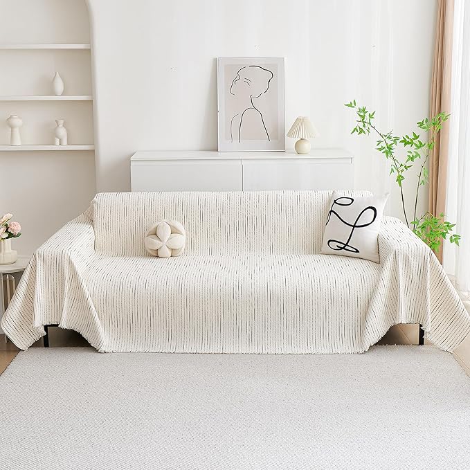 MYSKY HOME Couch Cover for Dogs, Sectional Couch Cover, Beige Lines Sofa Covers for Sectional Sofa L Shape Chenille Couch Protector for Dogs Pets Couch Covers Washable Soft Throw, 91"X150"