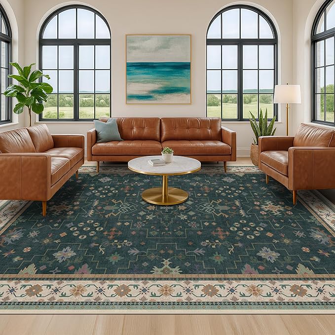 Hazo Haus Dark Green Vintage 8x10 Washable Rugs for Living Room - Dark Academia Victorian Floral Geometric Bedroom Rug, Ultra Soft Thin Low Pile Non-Slip Large Rugs for Dining Room Under Table Lounge