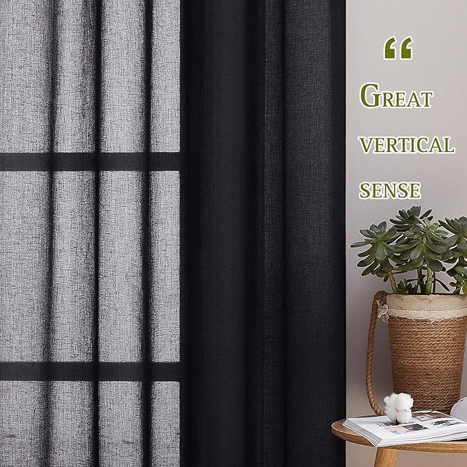 NICETOWN Linen Sheer Black Curtains for Boys Room, Grommet Semi Sheer Privacy with Light Through Linen Blend Window Drapes for Living Room/Sliding Glass Door, W70 x L84, 2 Pieces