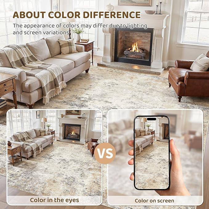 UERMEI 12x14 Area Rug Living Room Rugs - Washable Neutral Modern Abstract Soft Thin Large Rug Indoor Floor No Slip Rug Carpet for Bedroom Under Dining Table Home Office Decor - Golden Grey