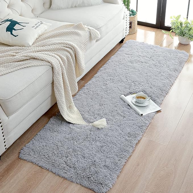 Chicrug Soft 2x10 Runner Rug for Bedroom Living Room Plush Fluffy Rug, Shag Furry Hallway Runner Carpet Rug Non Shedding for Nursery Children Kids Girls Room Home Decorative, Grey
