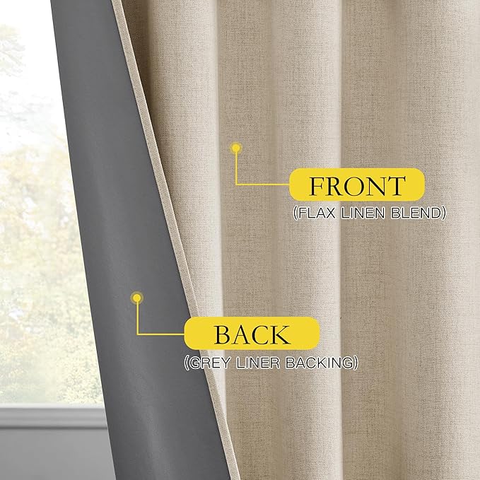 NICETOWN Cream 100% Blackout Linen Curtains 90 inch Long Burg for Living Room, 1 Pair, 62" Width Each Panel, Farmhouse Thick Completely Blackout Window Treatment Thermal Insulated Drapes