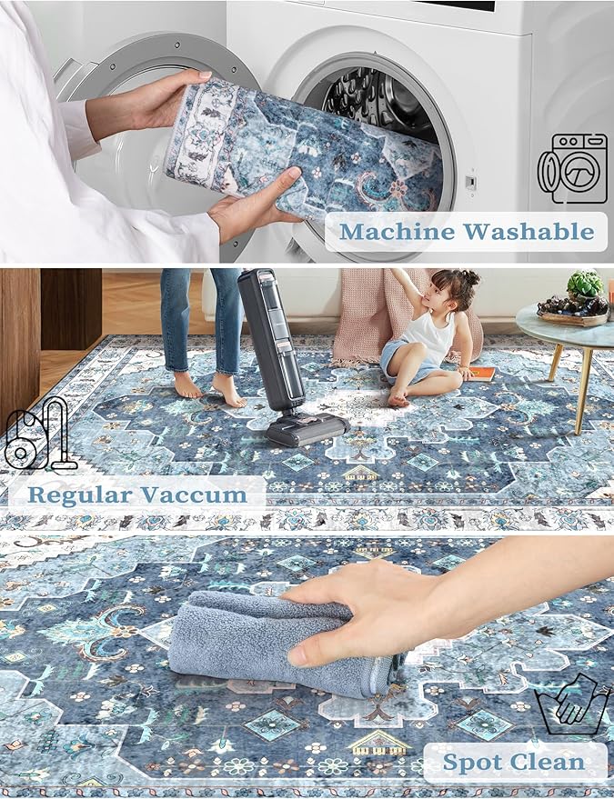 SERISSA Boho Washable Runner Rug, 2'6"x8' Non-Slip Vintage Blue Hallway Kitchen Runner Rug Ultra Soft Print Distressed Floor Carpet for Bedroom Bathroom Laundry Living Room