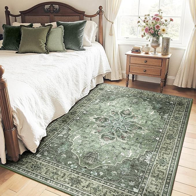 RELEANY Area Rugs 5'x7' Washable Non-Slip, Floral Vintage Distress Print Pattern Medallion Carpet for Living Room Bedroom Dining Room, Dark Green Gray