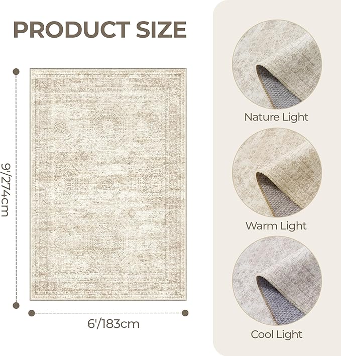 6x9 Rug for Living Room,Soft Low Pile Indoor Washable Rugs for Bedroom, Non-Slip Backing Vintage Large Area Rug, Printed Abstract Carpet(6'x9', Beige/Ivory)
