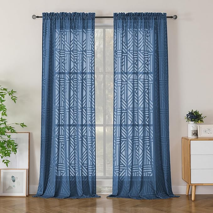 Simplebrand Semi Sheer Dusty Blue Curtains 90 Inches Long 2 Panels, Light Filtering Geometric Jacquard Clip Textured Sheer Curtains for Living Roon，Modern Elegant Window Curtains Drapes，52x90 inch