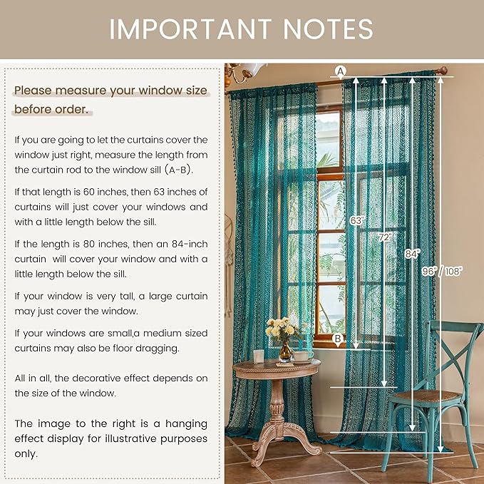 WAZZIO Boho Lace Curtains 96 Inches 2 Panel,Light Filtering Privacy Tassel & Geometry Crochet Semi Sheer Curtain Drapes for Bedroom Living Dining Room,Rod Pocket & Tassel,Coastal Style,Teal
