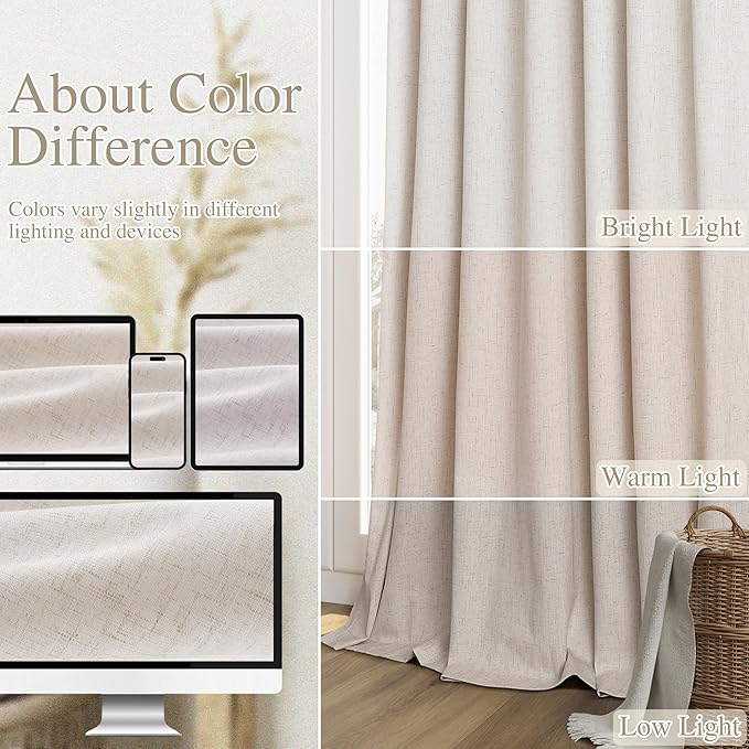 Guken 100% Blackout Curtains 96 Inch Length 2 Panels Set for Living Room Bedroom Back Tab Thermal Insulated Black Out Linen Drapes Room Darkening Window Curtains 96 Inches Long,Sand Beige