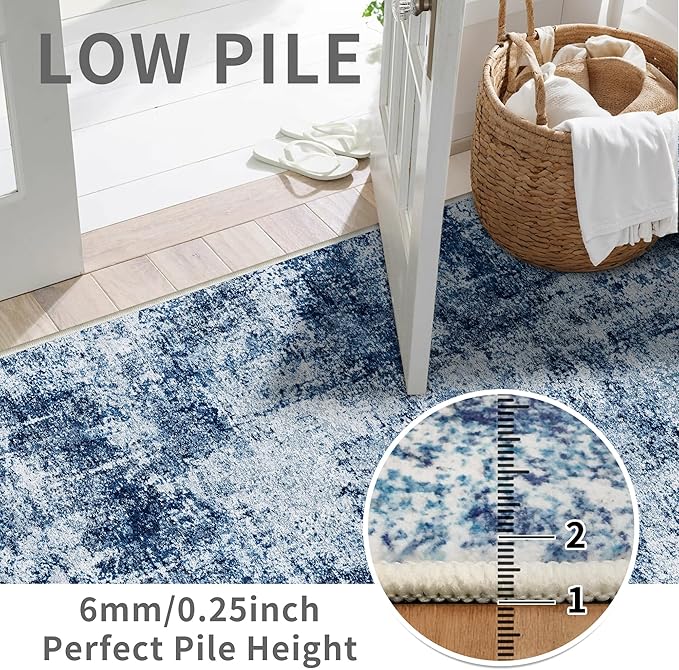 3x12 Washable Hallway Runner Rug: Non Slip Carpet Runners Easy-to-Clean - Soft Living Room Bedroom Kitchen Rugs - Thin Low Pile Printed Floor Mat for Dining Room Neutral Blue