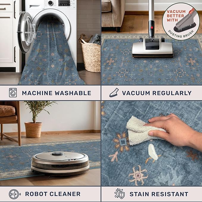 Hazo Haus Boho 2x6 Non Slip Kitchen Rug Runner - Light Blue Washable Rug for Bathroom, Laundry Room, Hallway, Non Slip with Rubber Backing, Floral Eclectic Unique Runner Décor