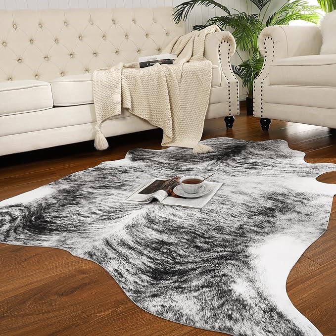 AROGAN Western Decor Faux Fur Cowhide Rug, 4.6 x 5.2 Feet Premium Animal Skin Cow Hide Rug, Sturdy Cow Print Rugs for Wall Decor, Western Floor Carpet for Bedroom Living Room, Black and Grey