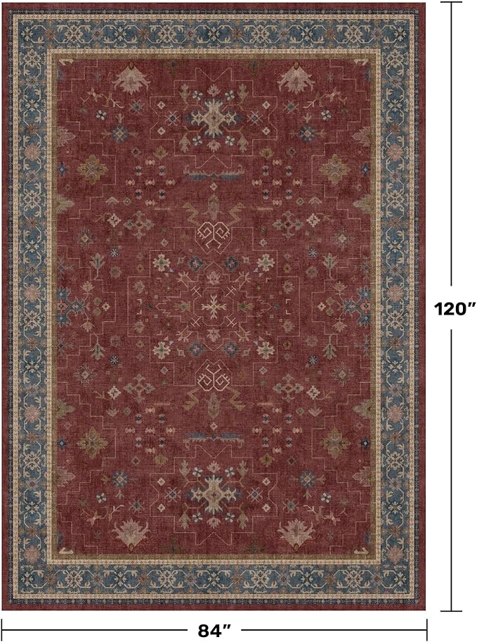 Hazo Haus Oriental 7x10 Large Area Rugs for Bedroom Under Bed - Burgundy Rug for Living Room, Dining Room Under Kitchen Table, Washable Soft Non Slip Boho Indoor Décor