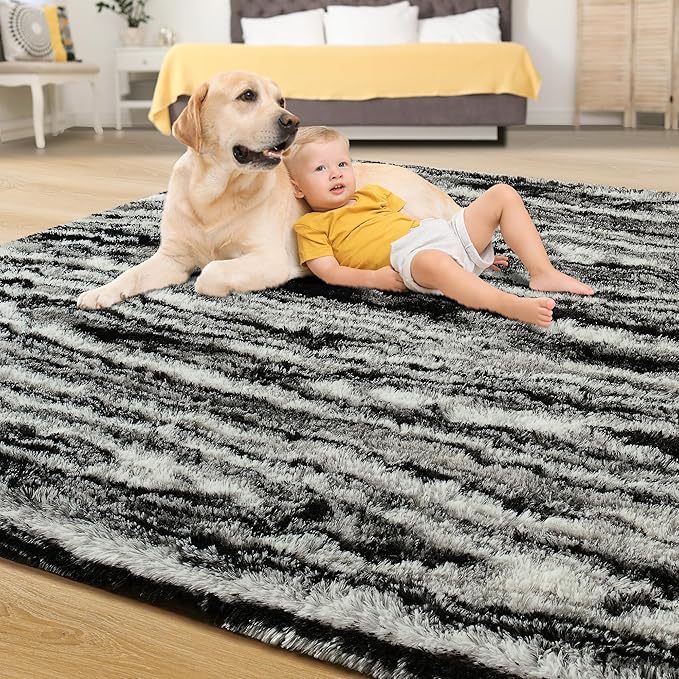 Tepook Soft Fluffy Rugs for Bedroom, 4x6 Area Rug for Living Room, Modern Shaggy Room Rug for Kids Boys Girls, Plush Throw Rugs Indoor Nursery Home Decor Rug with Non-Slip Bottom, Black White