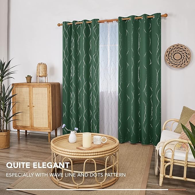 Deconovo Green Curtains, Christmas Blackout Drapes, Thermal Insulated Soundproof Drape, Wave Line Dot Foil Print, 52 x 84 Inch, 2 Panels, Machine‑Washable Window Panel for Living Room Kitchen Nursery