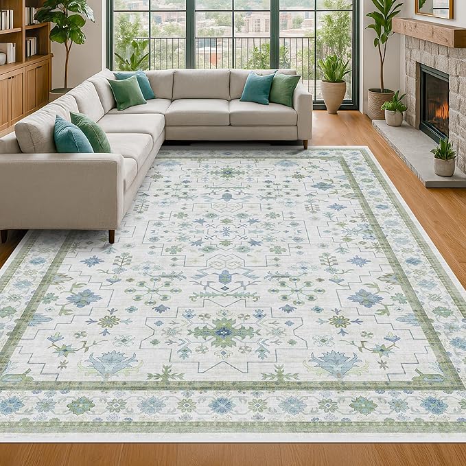 Hazo Haus Washable Rugs for Living Room 10x12 - Cream Blue and Green Oriental Floral Geometric, Low Pile Non Slip Extra Large Area Rug for Dining Under Table, Bedroom, Lounge
